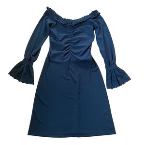 Y2K Bisou Black Dress Medium Ruched Bell Sleeves Gothic Whimsigoth Coquette